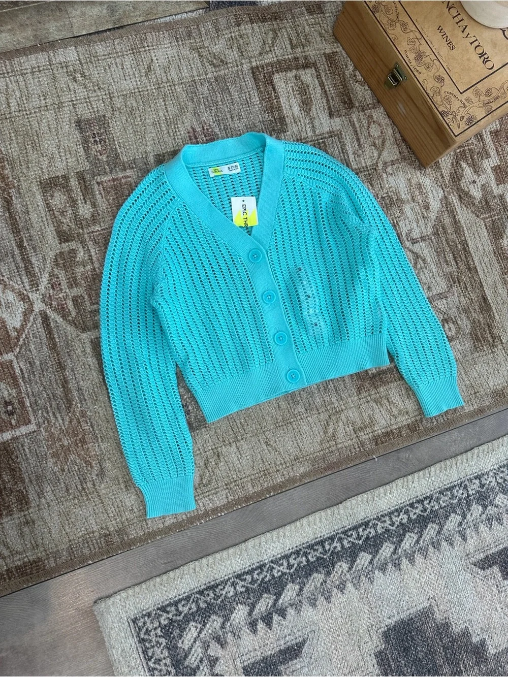 New Epic Threads Girls Cardigan Macys Exclusive V Neck Turquoise Button Sm 7/8